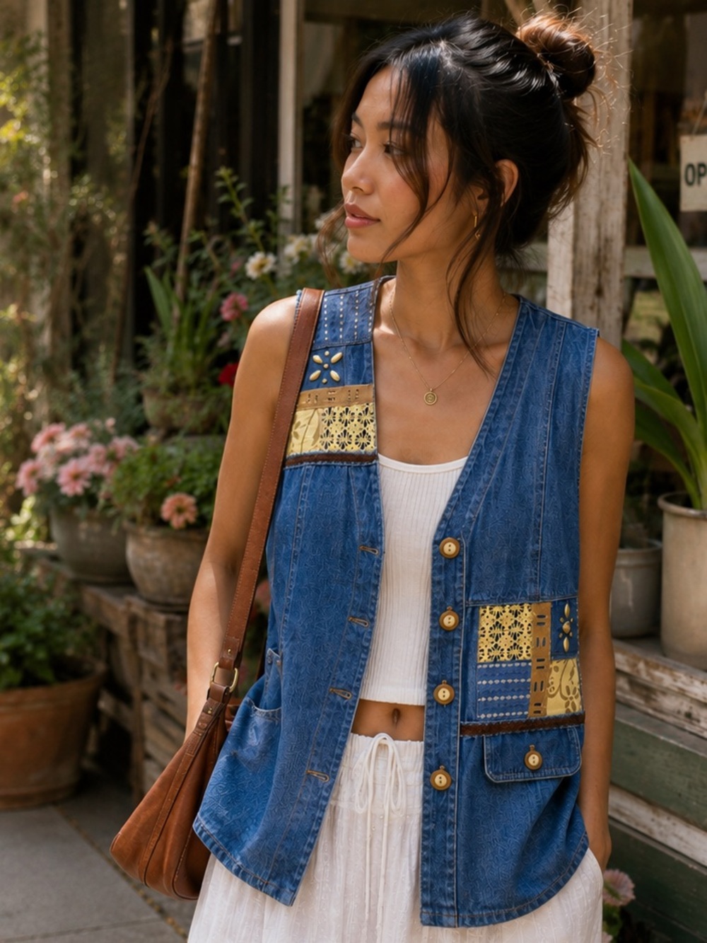 Vintage Artsy Boho Patchwork Cotton Denim Vest Cottagecore Grandama Chic